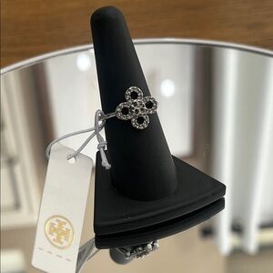 Tory Burch Silver Bling Floral Clover Ring